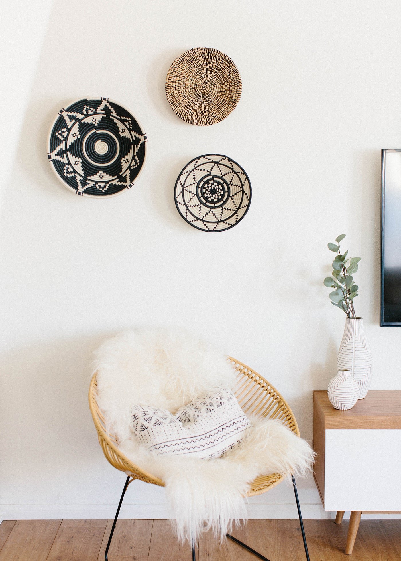 12" Heathered Black + White Raffia Large Basket - KAZI