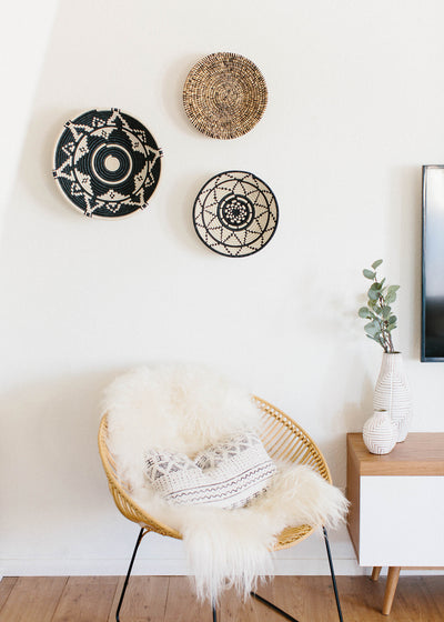 12" Heathered Black + White Raffia Large Basket - KAZI