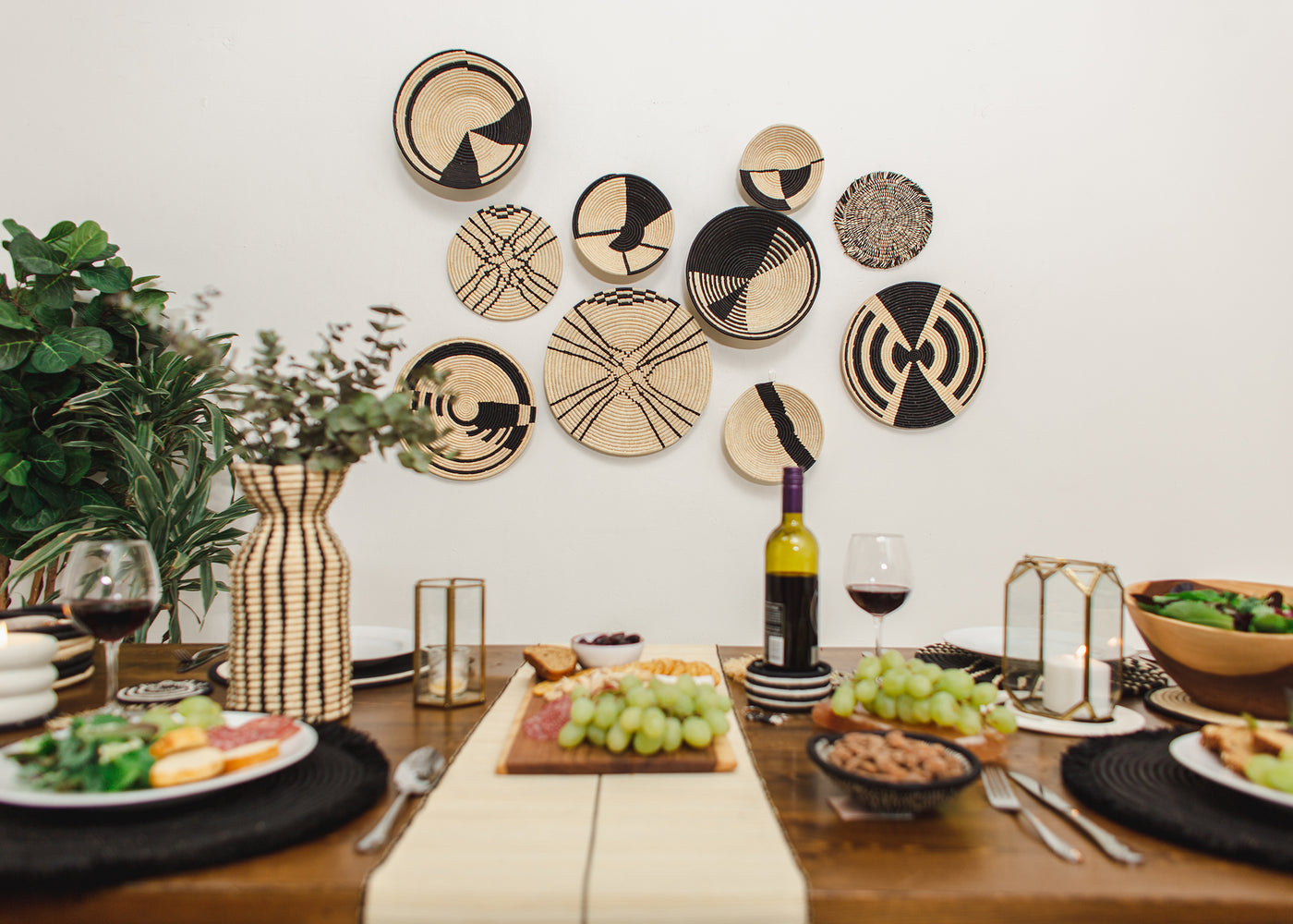 17" Medium Abstract Black Woven Wall Art Plate - KAZI