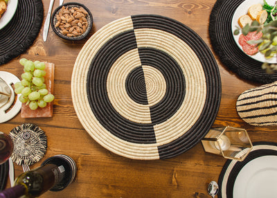 21" Large Geo Black Large Raffia Woven Wall Art Plate - KAZI
