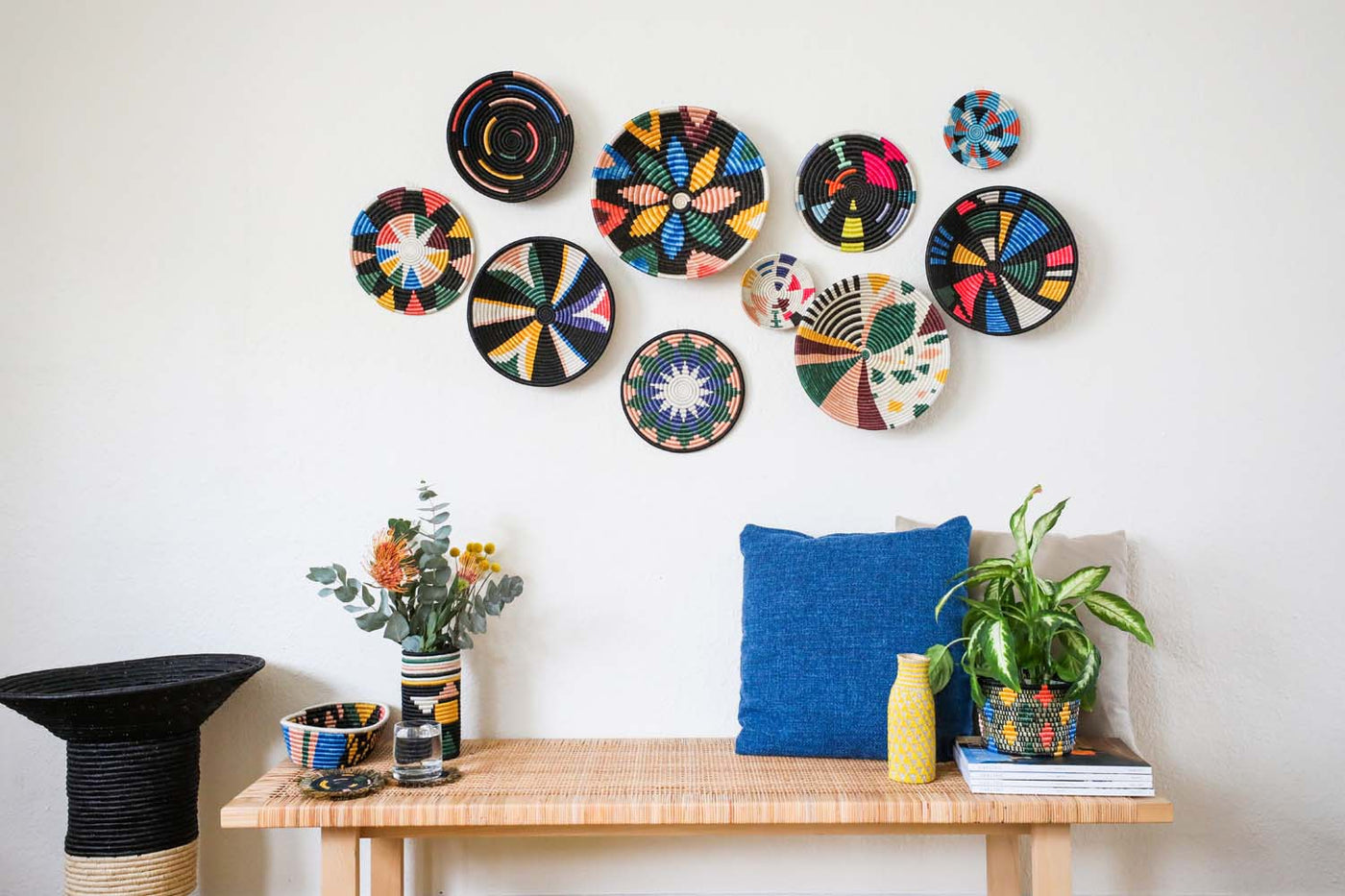 12" Large Black + Neon Mosaic Round Basket - KAZI