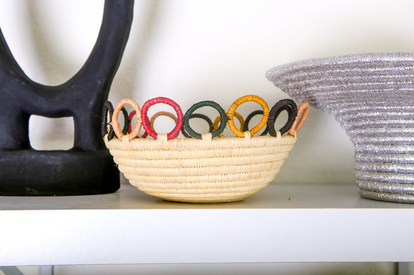 8" Medium Mod Rainbow Hooped Raffia Catch all - KAZI - Artisan made high quality home decor and wall art