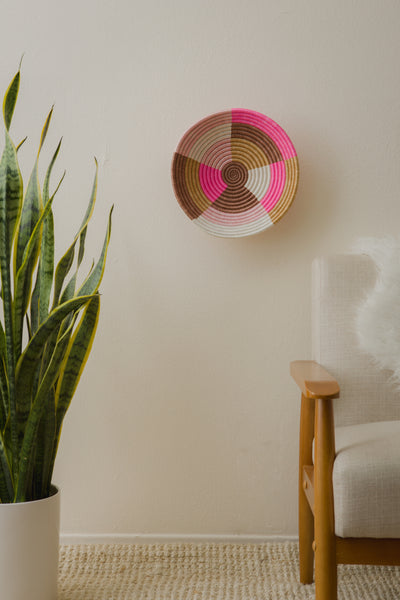 12" Large Blossom Pinks & Tan Round Basket - KAZI