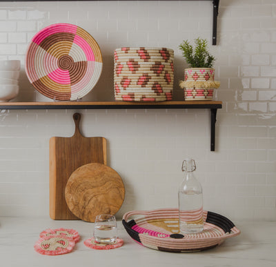 12" Large Blossom Pinks & Tan Round Basket - KAZI