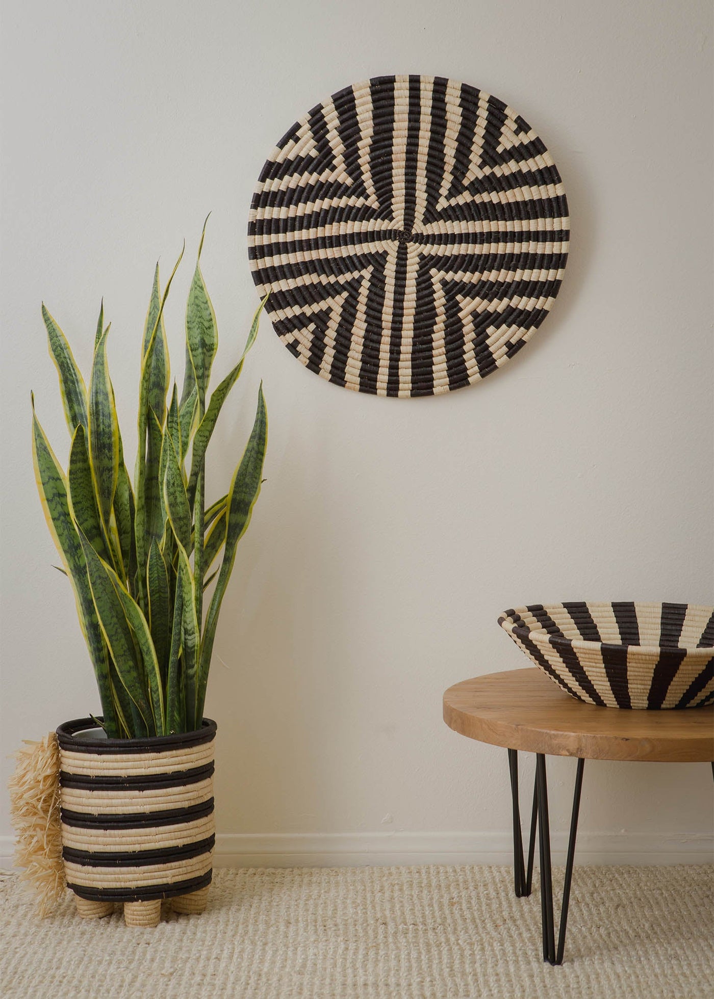 20" Striped Black & Natural Deep Round Basket - KAZI
