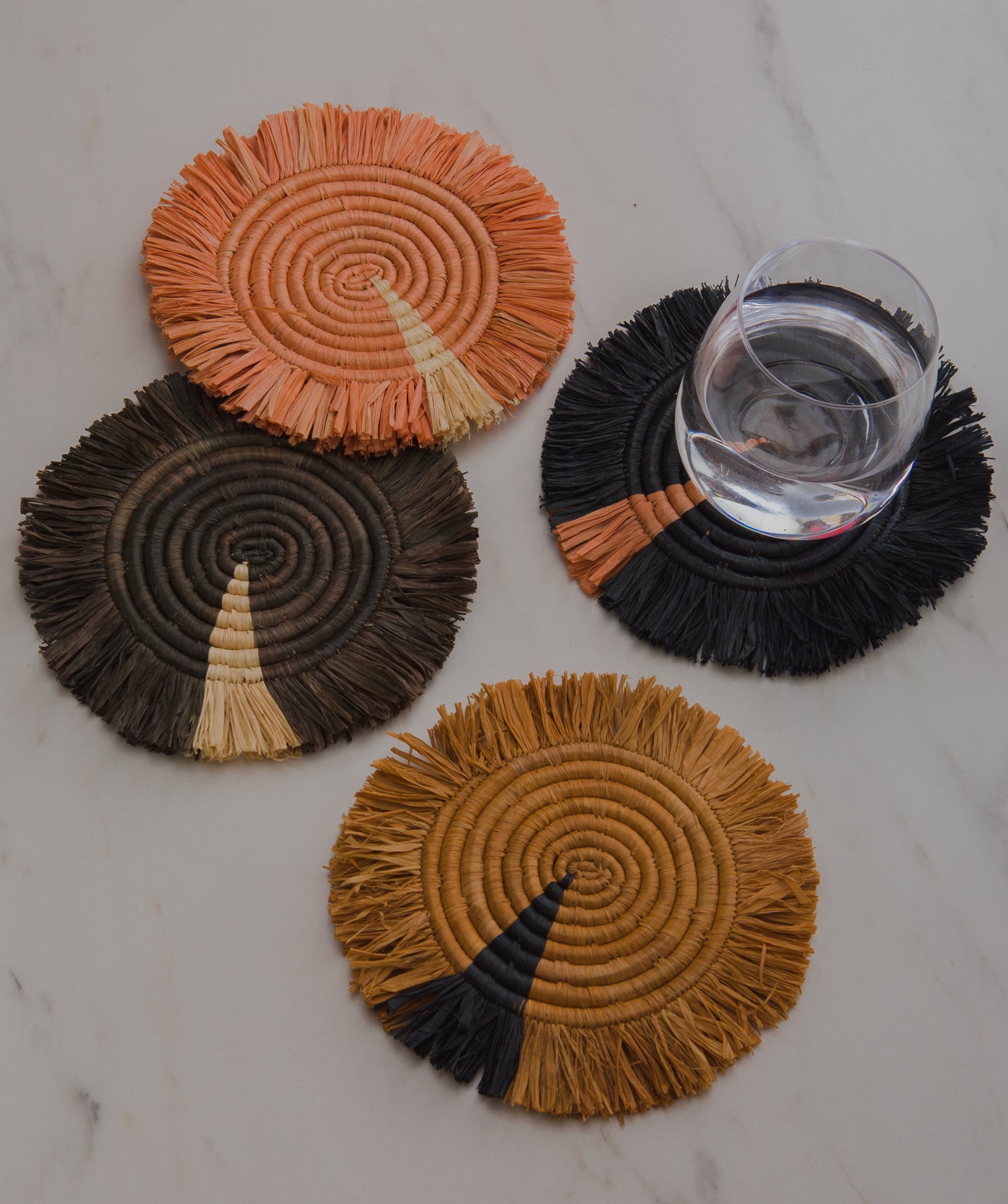 Earth Tones Fringed Raffia Coasters, Set of 4 - KAZI