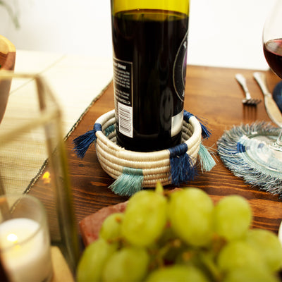 Silver Blue Fringed Wine Bottle Coaster