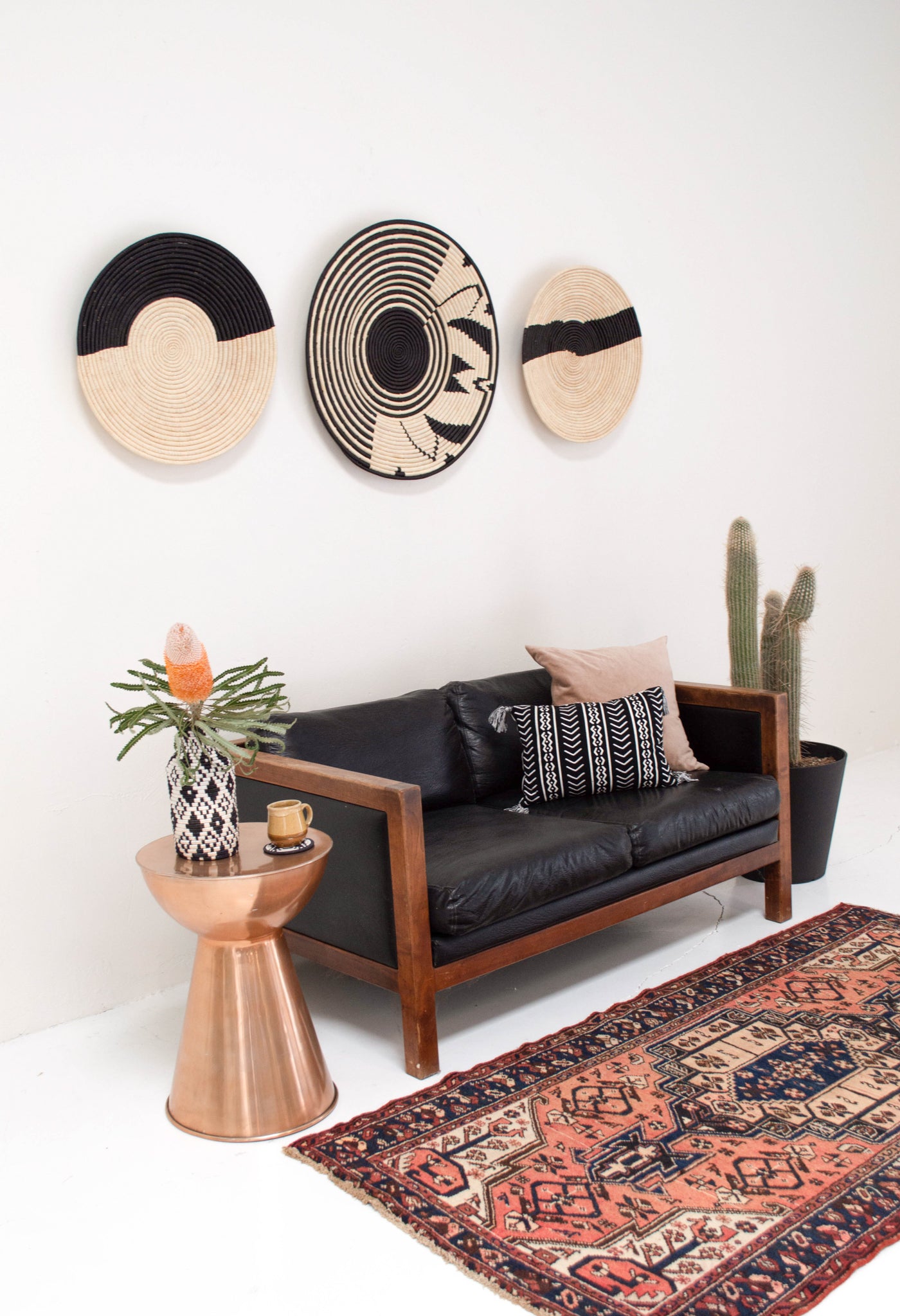 15" Medium Striped Black + Natural Raffia Woven Wall Art Plate - KAZI