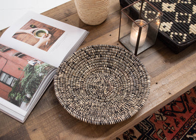 12" Heathered Black + White Raffia Large Basket - KAZI